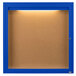 A blue framed enclosed bulletin board with a light.