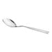 A close-up of a Choice Delmont stainless steel bouillon spoon with a silver handle.