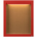 A red powder coated Aarco indoor lighted bulletin board cabinet with 1 hinged door.