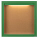 A green framed enclosed Aarco bulletin board with light.