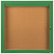 An Aarco green framed enclosed bulletin board.