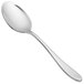 A close-up of a Chef & Sommelier stainless steel demitasse spoon with a white handle.