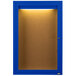 A blue cabinet with a lighted indoor bulletin board inside.