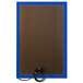A blue rectangular bulletin board cabinet with a brown frame and a black cord attached to it.