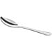 A Choice Dominion stainless steel demitasse spoon with a silver handle.