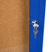 An Aarco blue indoor bulletin board cabinet with a key in the lock.