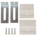 A pair of white metal brackets and screws for a door.
