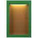 A green cabinet with a lighted enclosed bulletin board door.