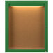 An Aarco green indoor enclosed bulletin board with a light.