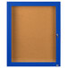 A blue framed Aarco bulletin board cabinet.