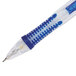 A close-up of a Paper Mate Clear Point blue barrel mechanical pencil with blue tip.