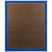 A brown bulletin board with a blue frame and door.