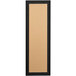 A rectangular black indoor bulletin board cabinet with a black frame and tan door.