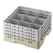 A beige plastic Cambro glass rack with 9 compartments and 5 extenders.
