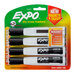 A 4 pack of black Expo dry erase markers with a chisel tip.
