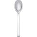 An Arcoroc stainless steel dessert spoon with a white handle on a white background.