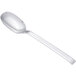 An Arcoroc stainless steel dessert spoon with a silver handle on a white background.