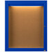 A blue rectangular bulletin board cabinet with a light on top.