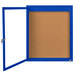 A blue framed bulletin board with a blue door open.
