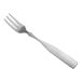 A silver fork with a white handle on a white background.