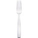 A close-up of a Libbey stainless steel utility/dessert fork with a white handle.