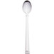 A silver stainless steel iced tea spoon with a long white handle.
