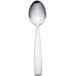 A Libbey Quantum stainless steel dessert spoon with a white handle.