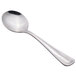 A close-up of a Libbey stainless steel bouillon spoon with a silver finish.