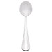 A Libbey stainless steel round bowl soup spoon with a white handle.