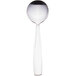 A silver bouillon spoon with a white handle.