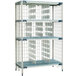 A wire cage with MetroMax metal shelving panels on four sides.