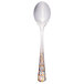 A Master's Gauge stainless steel demitasse spoon with a colorful pebblestone pattern on the handle.