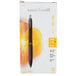 A white box with yellow and orange accents containing 12 black Uni-Ball gel pens with black barrels.