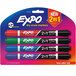 A package of 4 Expo 2-in-1 dry erase markers with chisel tips in assorted colors.