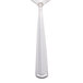 A silver stainless steel bouillon spoon with a white handle.