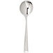 A Chef & Sommelier stainless steel soup spoon with a black handle.