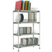 A white rectangular MetroMax i drying rack shelf kit with metal frames holding plates and bowls.
