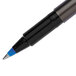 A close-up of a blue and black Uni-Ball Deluxe roller ball pen.