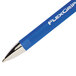 A close-up of a Paper Mate FlexGrip Elite blue pen with a silver tip.