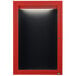 A red cabinet with a black door and a black letter board inside.