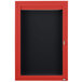 An Aarco red aluminum indoor message center with a black letter board inside a red cabinet with a black door.