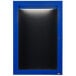 A blue aluminum cabinet with a light on a black door.