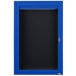 A blue aluminum cabinet with a black door and key.