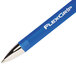 A close-up of a blue Paper Mate FlexGrip pen with a silver tip.