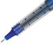 The silver and blue Uni-Ball Vision roller ball pen with clear plastic tip.