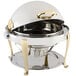 A Bon Chef stainless steel chafer with gold accents and a roll top lid.