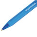 A close-up of a Paper Mate blue ballpoint pen with a blue barrel and silver tip.