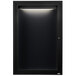 A black cabinet with a light on a framed door.