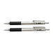Two Zebra F-402 retractable ballpoint pens, one with a silver barrel and one with a black barrel.