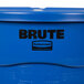 A blue Rubbermaid BRUTE trash can with black lid.